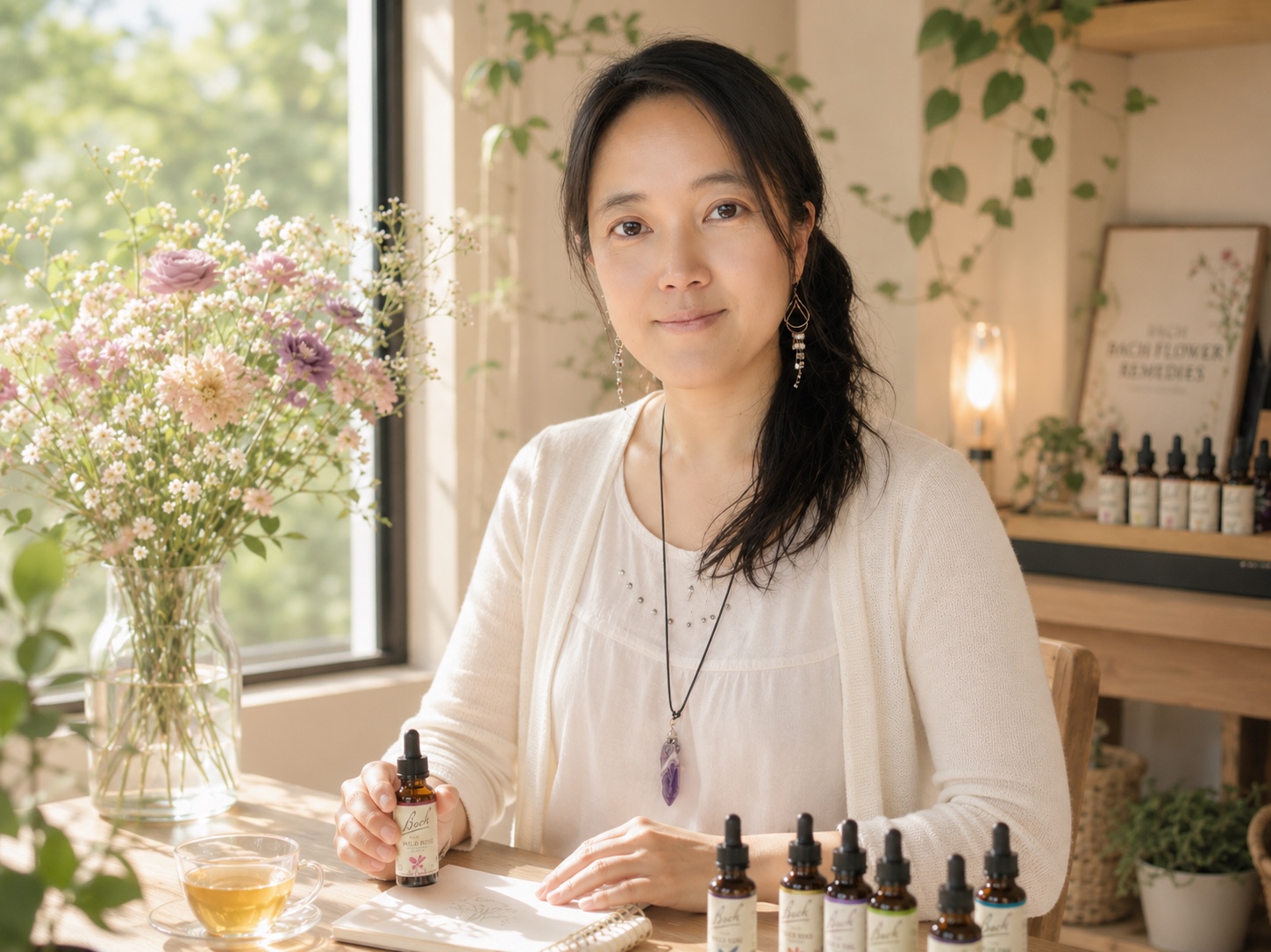 Anissa 在繡球花與綠意環繞的花園中微笑