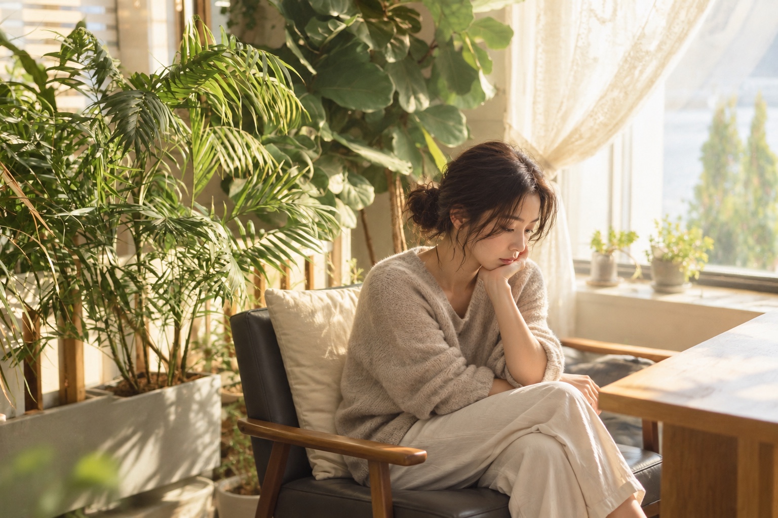 明亮柔和的窗光中，一位女子坐在綠意旁的椅子上低頭沉思